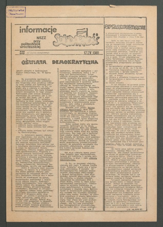 Informacje NSZZ &bdquo;Solidarność&rdquo; przy&nbsp;Politechnice Wrocławskiej, 1981.04.17