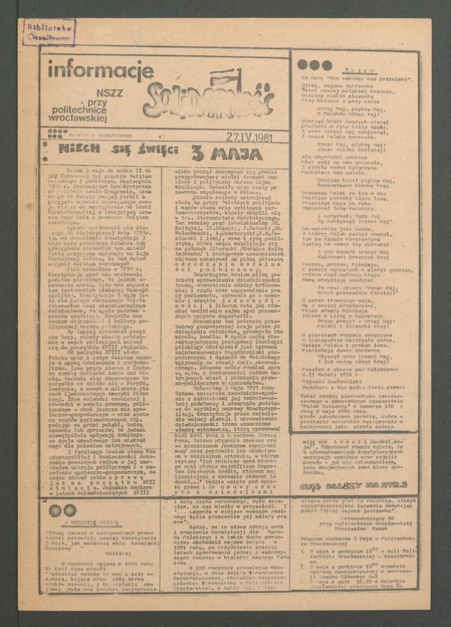 Informacje NSZZ &bdquo;Solidarność&rdquo; przy&nbsp;Politechnice Wrocławskiej, 1981.04.27