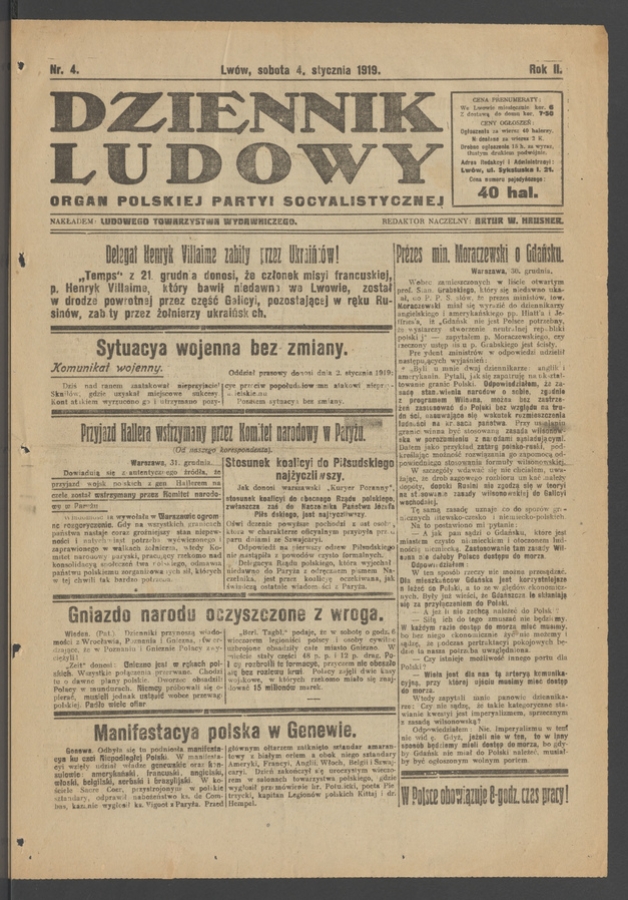 Dziennik Ludowy&nbsp;: organ Polskiej Partyi Socyalistycznej. Rok&nbsp;2, 1919, numer&nbsp;4