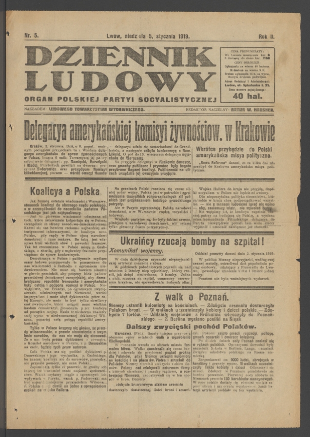 Dziennik Ludowy&nbsp;: organ Polskiej Partyi Socyalistycznej. Rok&nbsp;2, 1919, numer&nbsp;5