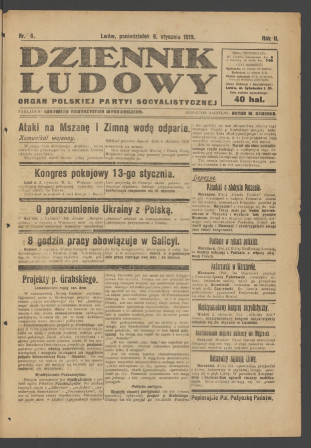 Dziennik Ludowy&nbsp;: organ Polskiej Partyi Socyalistycznej. Rok&nbsp;2, 1919, numer&nbsp;6