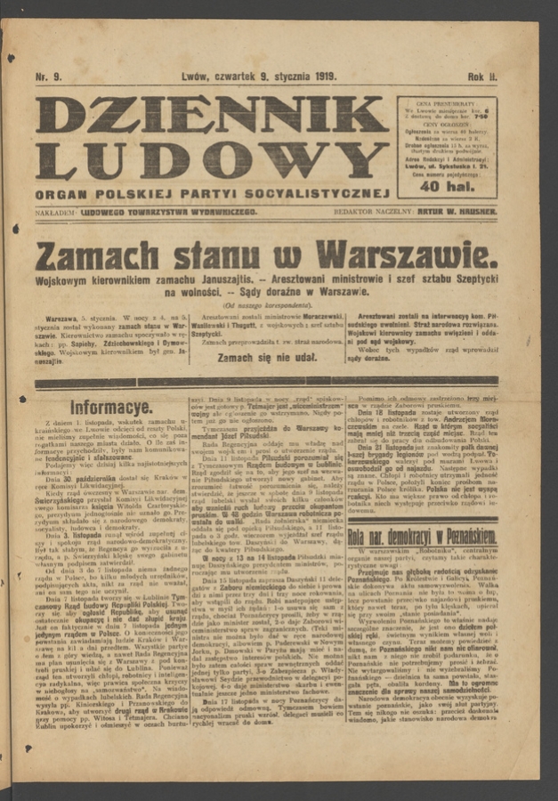 Dziennik Ludowy&nbsp;: organ Polskiej Partyi Socyalistycznej. Rok&nbsp;2, 1919, numer&nbsp;9