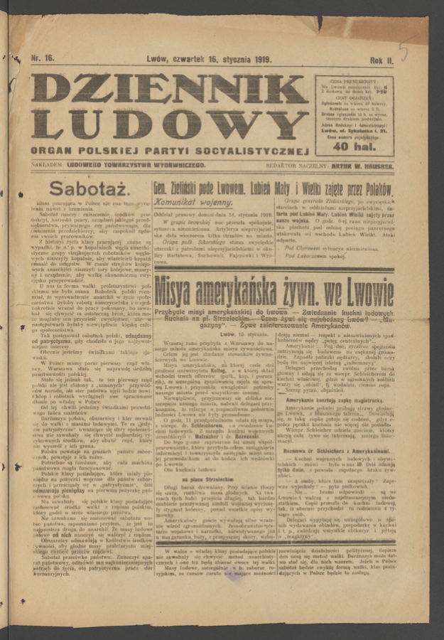 Dziennik Ludowy&nbsp;: organ Polskiej Partyi Socyalistycznej. Rok&nbsp;2, 1919, numer&nbsp;16
