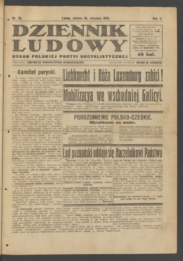 Dziennik Ludowy&nbsp;: organ Polskiej Partyi Socyalistycznej. Rok&nbsp;2, 1919, numer&nbsp;18
