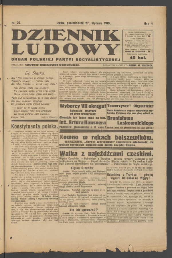Dziennik Ludowy&nbsp;: organ Polskiej Partyi Socyalistycznej. Rok&nbsp;2, 1919, numer&nbsp;27