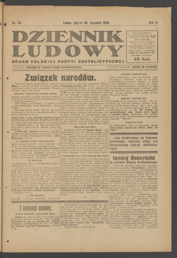 Dziennik Ludowy&nbsp;: organ Polskiej Partyi Socyalistycznej. Rok&nbsp;2, 1919, numer&nbsp;31