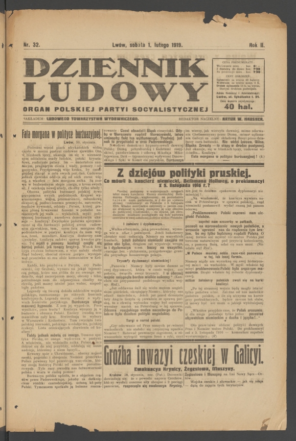 Dziennik Ludowy&nbsp;: organ Polskiej Partyi Socyalistycznej. Rok&nbsp;2, 1919, numer&nbsp;32