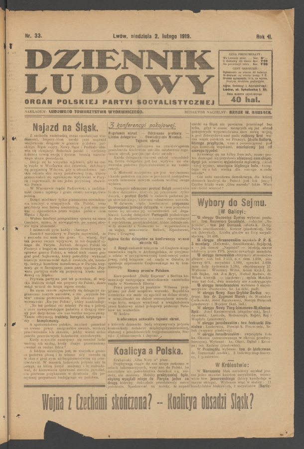 Dziennik Ludowy&nbsp;: organ Polskiej Partyi Socyalistycznej. Rok&nbsp;2, 1919, numer&nbsp;33