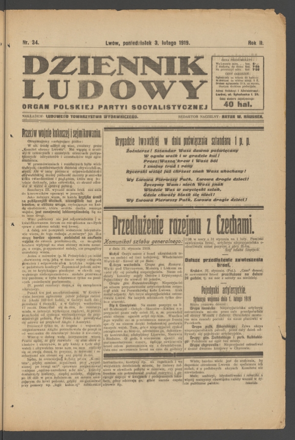 Dziennik Ludowy&nbsp;: organ Polskiej Partyi Socyalistycznej. Rok&nbsp;2, 1919, numer&nbsp;34