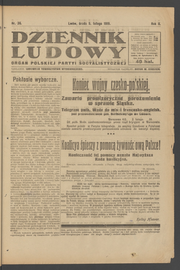 Dziennik Ludowy&nbsp;: organ Polskiej Partyi Socyalistycznej. Rok&nbsp;2, 1919, numer&nbsp;36
