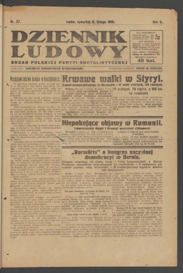 Dziennik Ludowy&nbsp;: organ Polskiej Partyi Socyalistycznej. Rok&nbsp;2, 1919, numer&nbsp;37