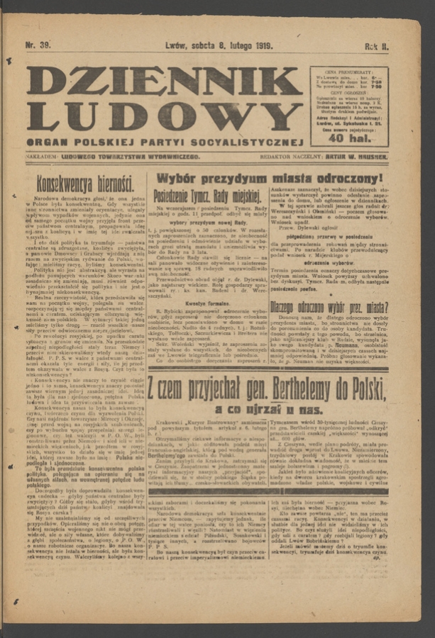 Dziennik Ludowy&nbsp;: organ Polskiej Partyi Socyalistycznej. Rok&nbsp;2, 1919, numer&nbsp;39