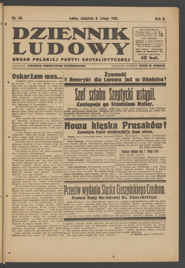 Dziennik Ludowy&nbsp;: organ Polskiej Partyi Socyalistycznej. Rok&nbsp;2, 1919, numer&nbsp;40