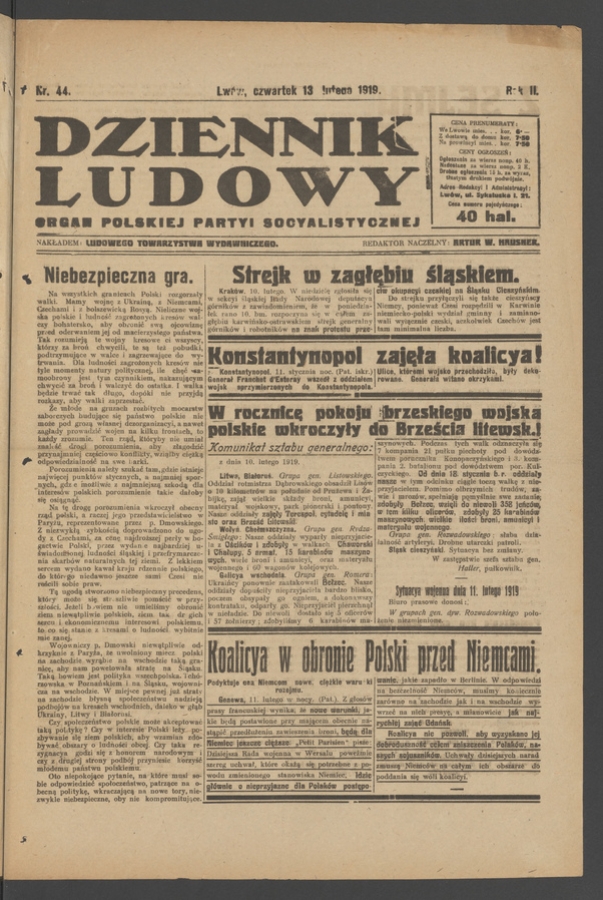 Dziennik Ludowy&nbsp;: organ Polskiej Partyi Socyalistycznej. Rok&nbsp;2, 1919, numer&nbsp;44