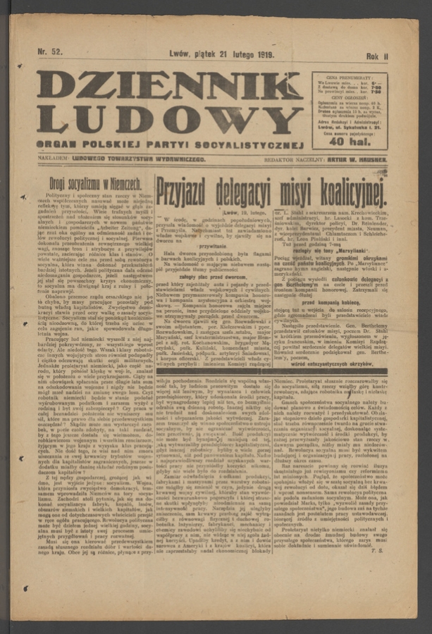 Dziennik Ludowy&nbsp;: organ Polskiej Partyi Socyalistycznej. Rok&nbsp;2, 1919, numer&nbsp;52