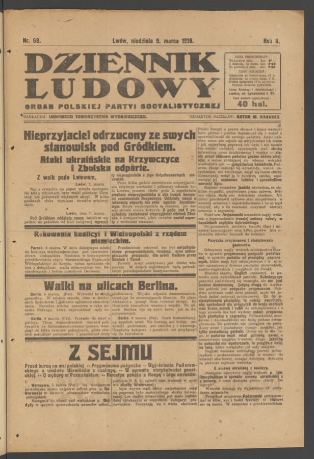 Dziennik Ludowy&nbsp;: organ Polskiej Partyi Socyalistycznej. Rok&nbsp;2, 1919, numer&nbsp;68