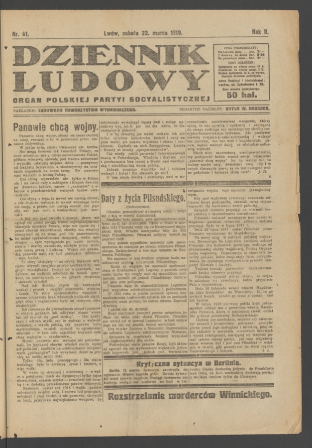 Dziennik Ludowy&nbsp;: organ Polskiej Partyi Socyalistycznej. Rok&nbsp;2, 1919, numer&nbsp;81