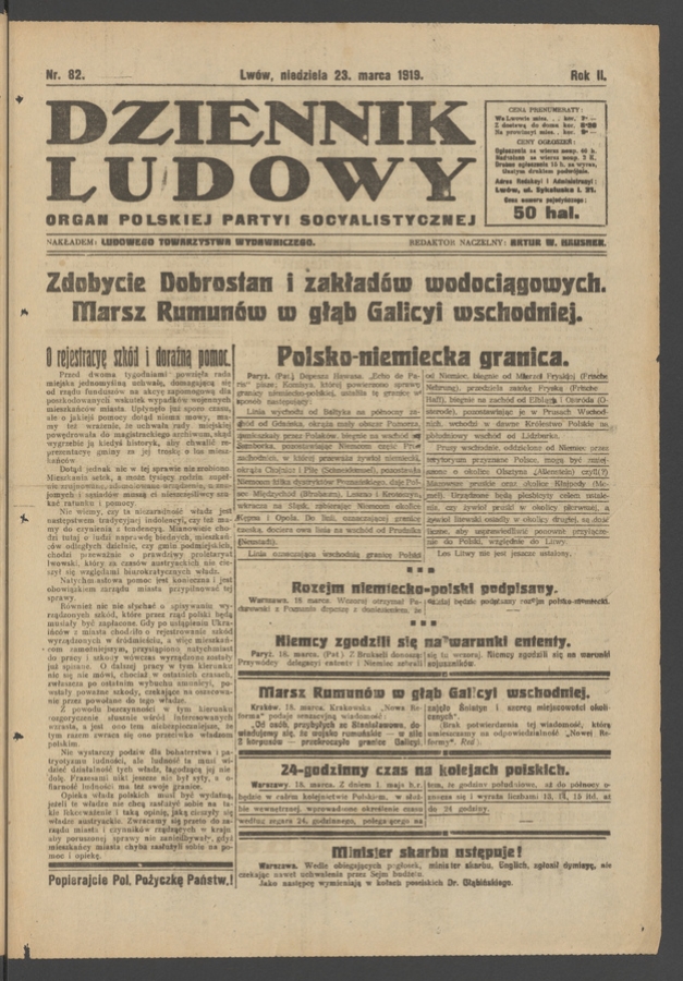 Dziennik Ludowy&nbsp;: organ Polskiej Partyi Socyalistycznej. Rok&nbsp;2, 1919, numer&nbsp;82