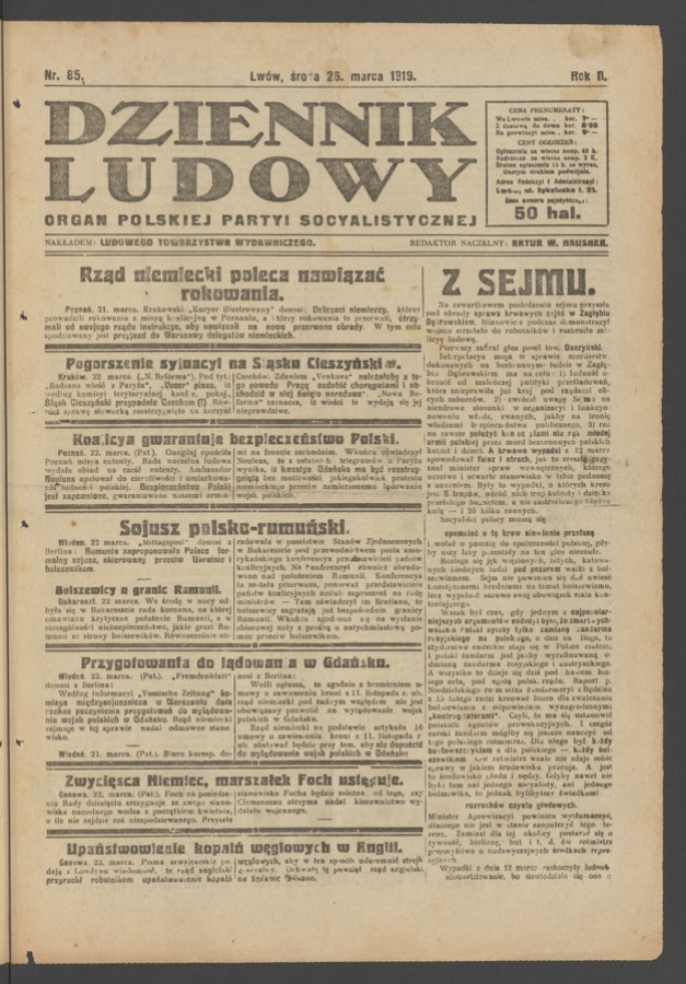 Dziennik Ludowy&nbsp;: organ Polskiej Partyi Socyalistycznej. Rok&nbsp;2, 1919, numer&nbsp;85