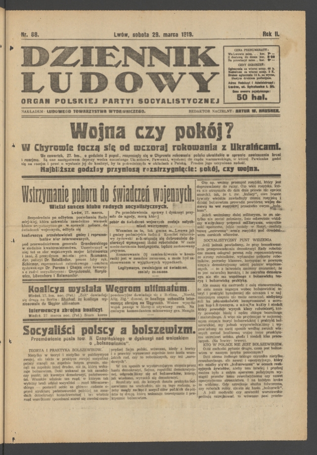 Dziennik Ludowy&nbsp;: organ Polskiej Partyi Socyalistycznej. Rok&nbsp;2, 1919, numer&nbsp;88