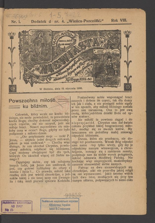 Niewiasta : dodatek do numeru 4 „Wieńca-Pszczółki”. Rok 8, 1908, numer 1