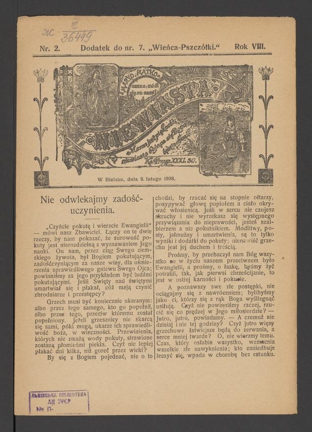 Niewiasta : dodatek do numeru 7 „Wieńca-Pszczółki”. Rok 8, 1908, numer 2