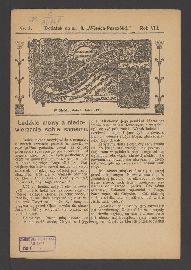 Niewiasta : dodatek do numeru 8 „Wieńca-Pszczółki”. Rok 8, 1908, numer 3