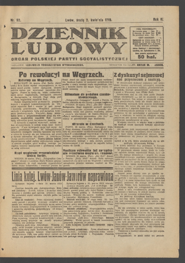 Dziennik Ludowy&nbsp;: organ Polskiej Partyi Socyalistycznej. Rok&nbsp;2, 1919, numer&nbsp;92