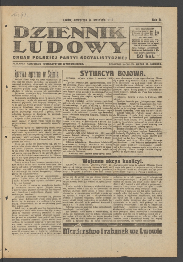 Dziennik Ludowy&nbsp;: organ Polskiej Partyi Socyalistycznej. Rok&nbsp;2, 1919, numer&nbsp;93