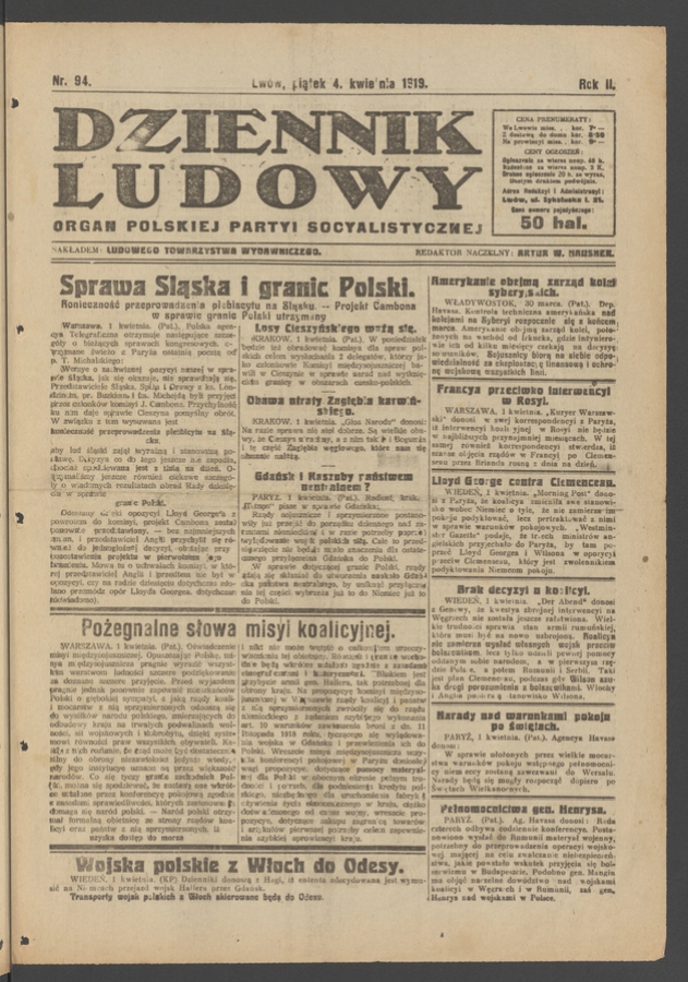 Dziennik Ludowy&nbsp;: organ Polskiej Partyi Socyalistycznej. Rok&nbsp;2, 1919, numer&nbsp;94