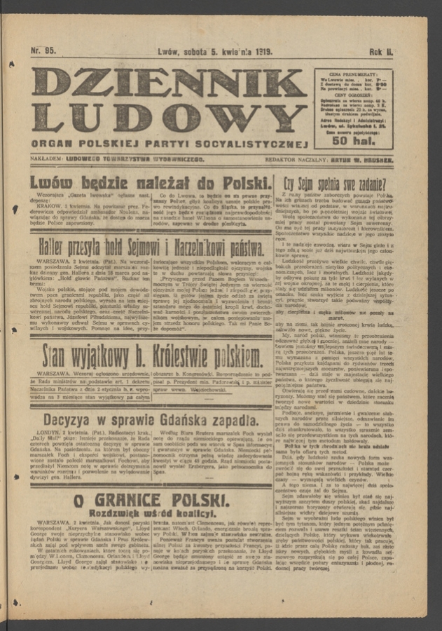Dziennik Ludowy&nbsp;: organ Polskiej Partyi Socyalistycznej. Rok&nbsp;2, 1919, numer&nbsp;95
