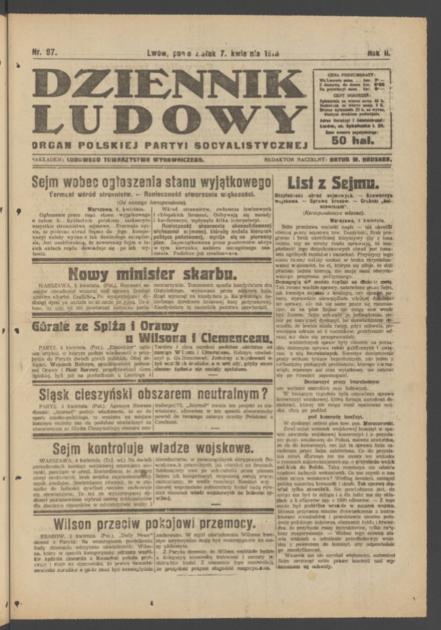 Dziennik Ludowy&nbsp;: organ Polskiej Partyi Socyalistycznej. Rok&nbsp;2, 1919, numer&nbsp;97