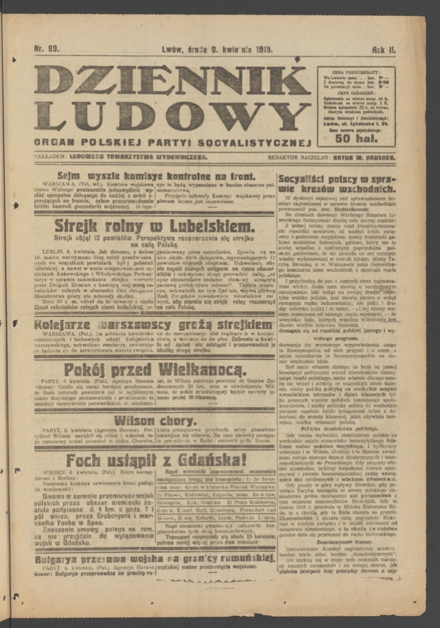 Dziennik Ludowy&nbsp;: organ Polskiej Partyi Socyalistycznej. Rok&nbsp;2, 1919, numer&nbsp;99
