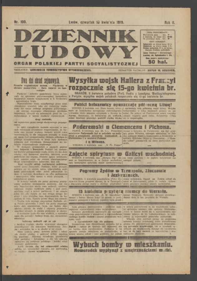 Dziennik Ludowy&nbsp;: organ Polskiej Partyi Socyalistycznej. Rok&nbsp;2, 1919, numer&nbsp;100