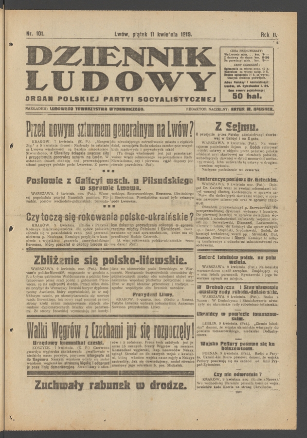 Dziennik Ludowy&nbsp;: organ Polskiej Partyi Socyalistycznej. Rok&nbsp;2, 1919, numer&nbsp;101