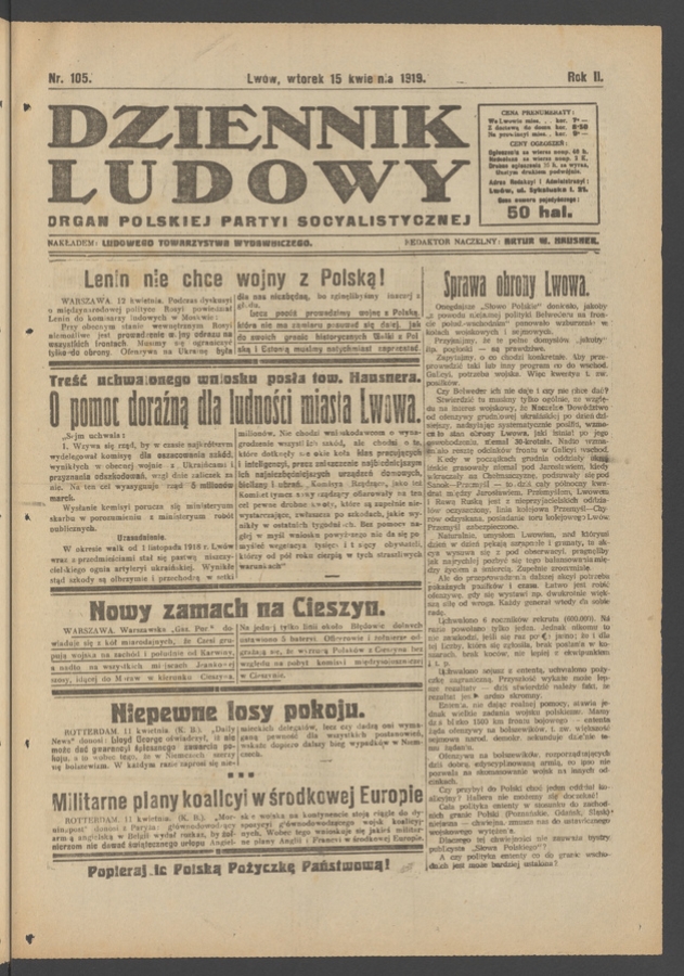 Dziennik Ludowy&nbsp;: organ Polskiej Partyi Socyalistycznej. Rok&nbsp;2, 1919, numer&nbsp;105