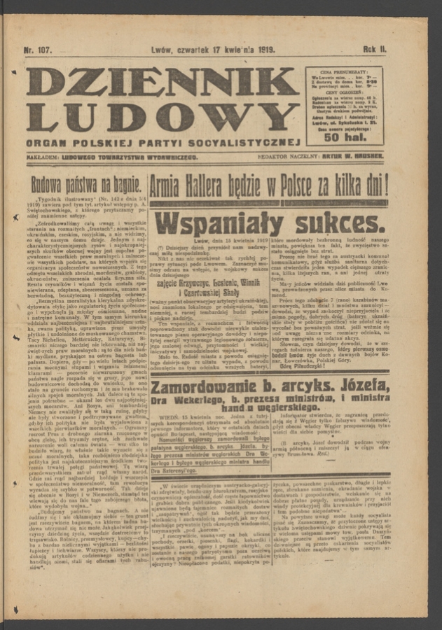 Dziennik Ludowy&nbsp;: organ Polskiej Partyi Socyalistycznej. Rok&nbsp;2, 1919, numer&nbsp;107