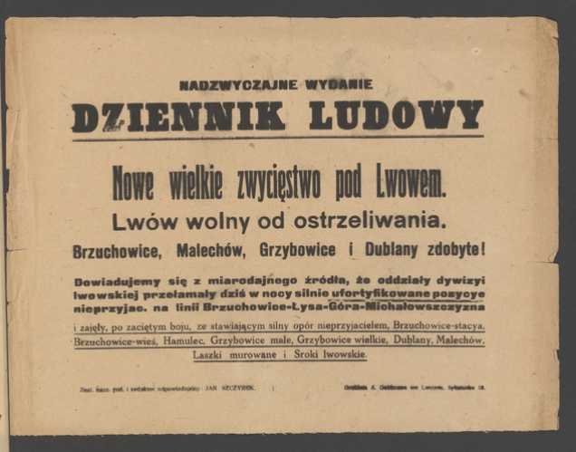Dziennik Ludowy : nadzwyczajne wydanie. Nowe wielkie zwycięstwo pod&nbsp;Lwowem
