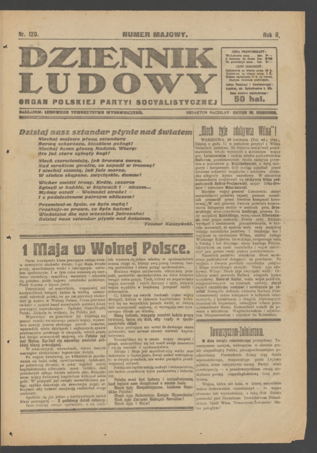 Dziennik Ludowy&nbsp;: organ Polskiej Partyi Socyalistycznej. Rok&nbsp;2, 1919, numer&nbsp;120