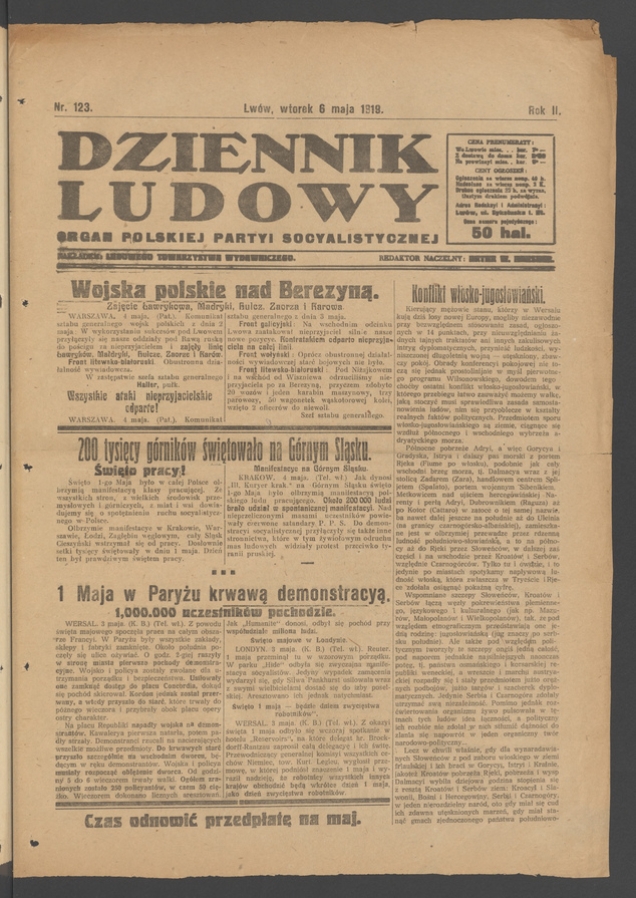 Dziennik Ludowy&nbsp;: organ Polskiej Partyi Socyalistycznej. Rok&nbsp;2, 1919, numer&nbsp;123