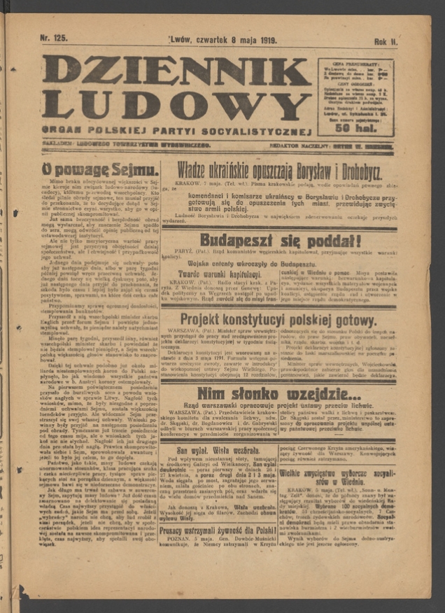 Dziennik Ludowy&nbsp;: organ Polskiej Partyi Socyalistycznej. Rok&nbsp;2, 1919, numer&nbsp;125