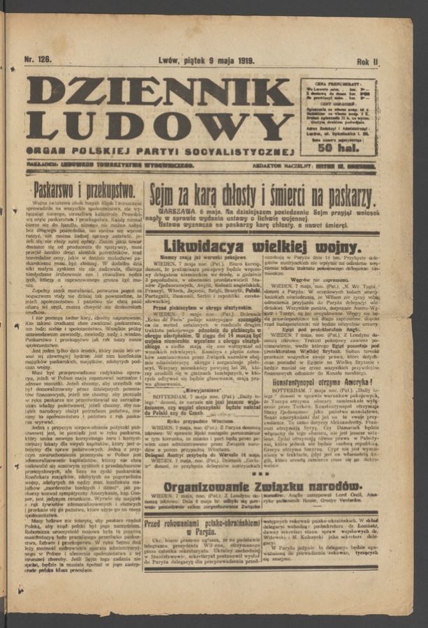 Dziennik Ludowy&nbsp;: organ Polskiej Partyi Socyalistycznej. Rok&nbsp;2, 1919, numer&nbsp;126