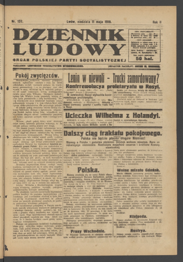 Dziennik Ludowy&nbsp;: organ Polskiej Partyi Socyalistycznej. Rok&nbsp;2, 1919, numer&nbsp;128