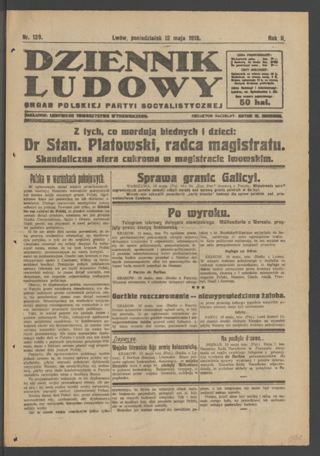 Dziennik Ludowy&nbsp;: organ Polskiej Partyi Socyalistycznej. Rok&nbsp;2, 1919, numer&nbsp;129