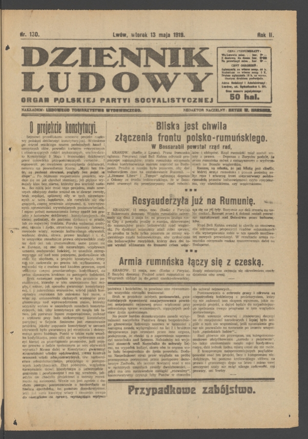 Dziennik Ludowy&nbsp;: organ Polskiej Partyi Socyalistycznej. Rok&nbsp;2, 1919, numer&nbsp;130