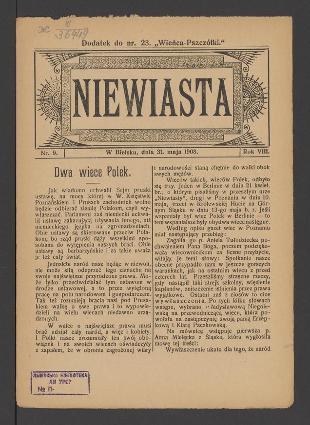 Niewiasta : dodatek do numeru 23 „Wieńca-Pszczółki”. Rok 8, 1908, numer 9
