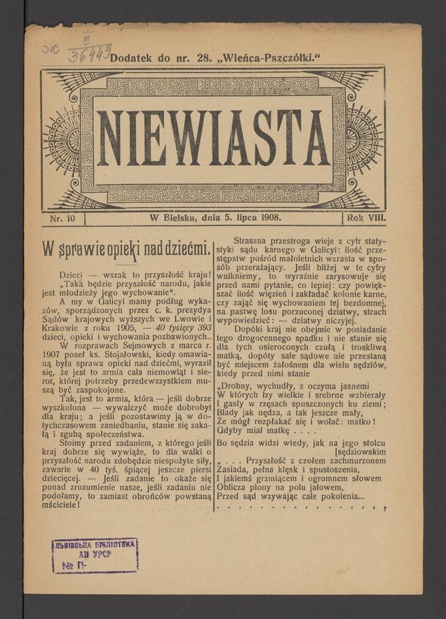 Niewiasta : dodatek do numeru 28 „Wieńca-Pszczółki”. Rok 8, 1908, numer 10