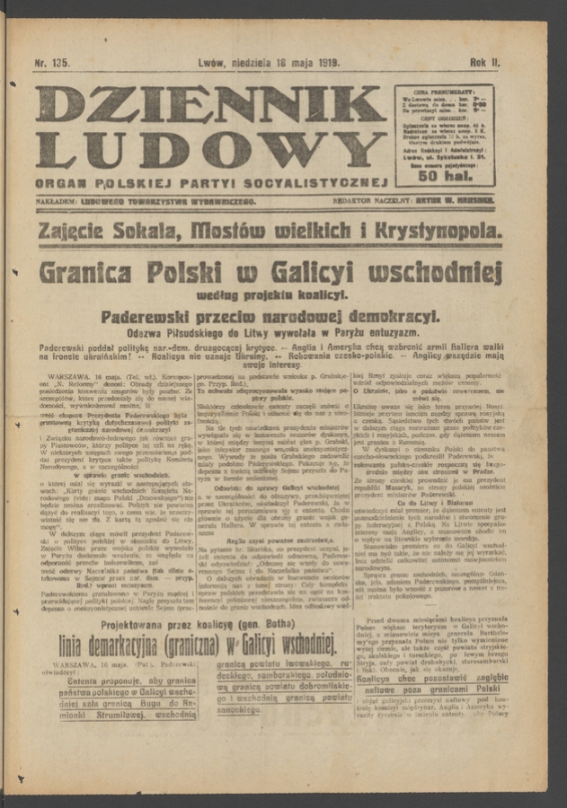 Dziennik Ludowy&nbsp;: organ Polskiej Partyi Socyalistycznej. Rok&nbsp;2, 1919, numer&nbsp;135