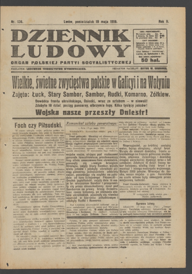 Dziennik Ludowy&nbsp;: organ Polskiej Partyi Socyalistycznej. Rok&nbsp;2, 1919, numer&nbsp;136
