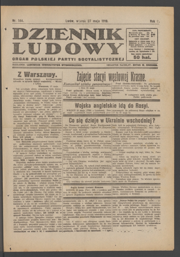Dziennik Ludowy&nbsp;: organ Polskiej Partyi Socyalistycznej. Rok&nbsp;2, 1919, numer&nbsp;144